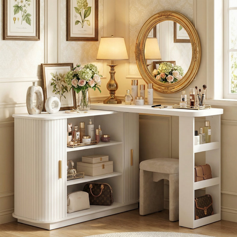 Ivy Bronx Extendable L-Shaped Vanity Table With Roller Shutter
